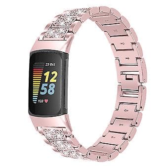 Diamant rustfrit stål urrem til Fitbit Charge 5 Rose Pink