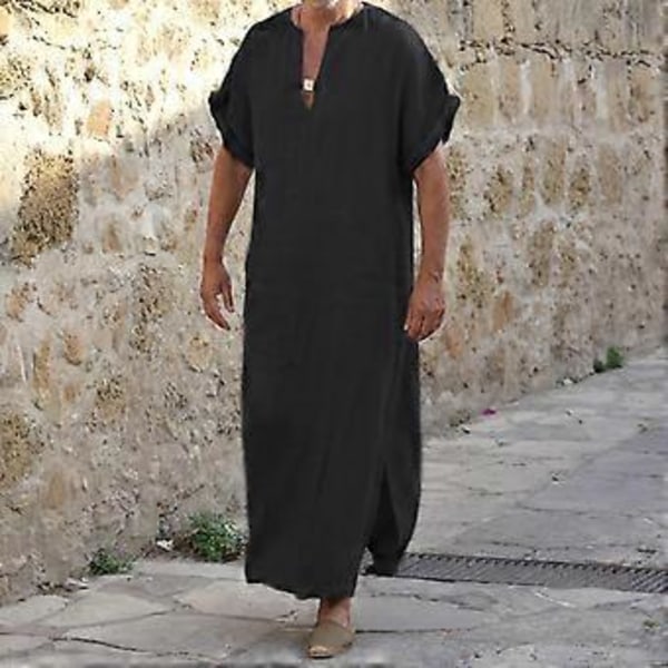 Djup V-ringad herrkappa kort lös kappa traditionella kläder (svart M)