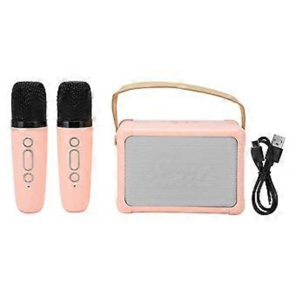 Mini Karaoke Maskin HiFi Dynamiskt Ljus Bärbar Bluetooth Högtalare med 2 Trådlösa Mikrofoner för Barn Vuxna Rosa ( )