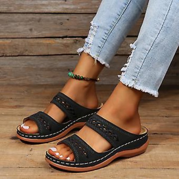 Sandaler Kvinna Klänning Sommar Ortopediska Flip Flops För Kvinnor Öppen Peep Toe Solid Färg Walking (39 Svart)