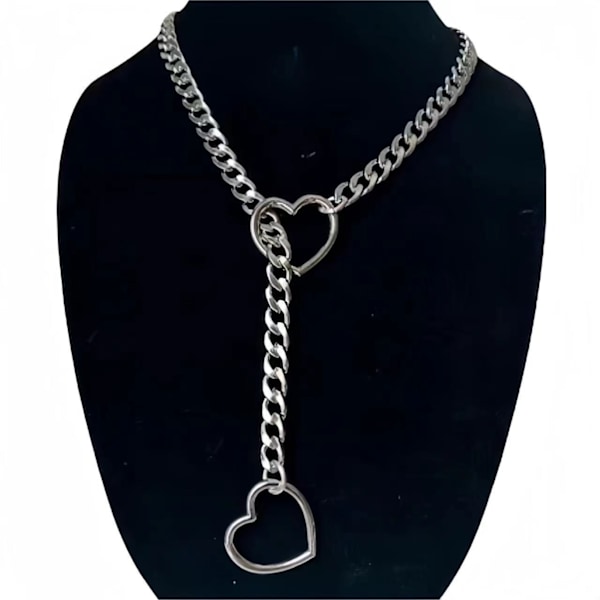 Damhalsband med hjärtformat glidhänge, kubansk kedja i rostfritt stål, punkrockhalsband, silver Silver