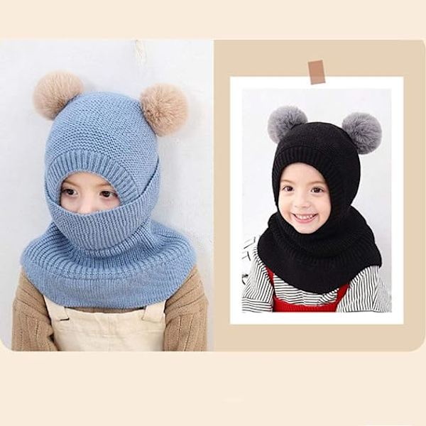 Balaclava Baby Girl Pojke Söt hatt (svart) halsduk Vinter varm öronkåpa