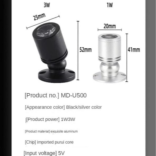 Små LED-spotlight för smyckesvisningar, USB-drivna, för under skåp