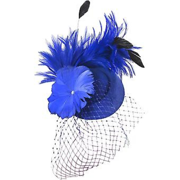 Elegant Fjäder Fascinatorhatt för Kvinnor med Slöja, Meshblomma, Cocktail- och Te-Partyhatt, Bröllop, Blå