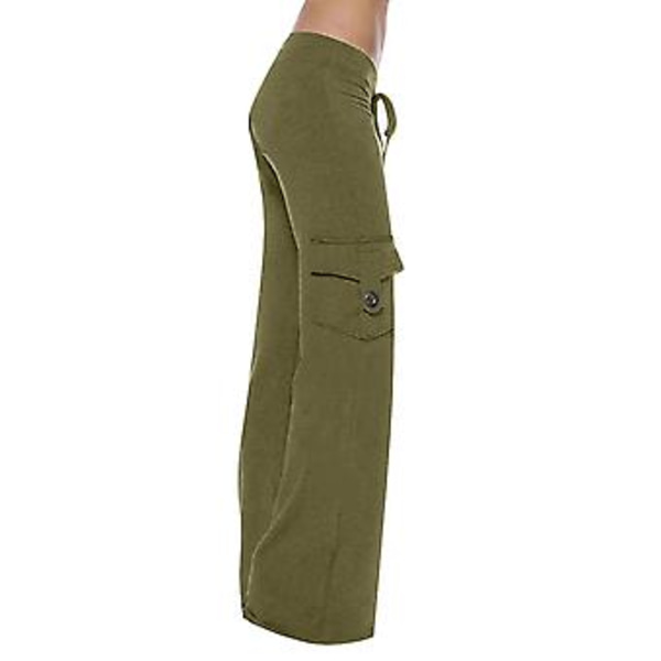 Yoga byxor med elastisk midja, knappfickor, dragsko, vida ben, svarta ga-byxor, vida ben, långa byxor, hög midja XXL olivgrön