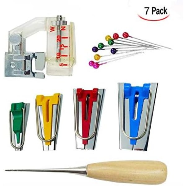 7 delar bias bindningsanordning set, stickning symaskin verktyg wit