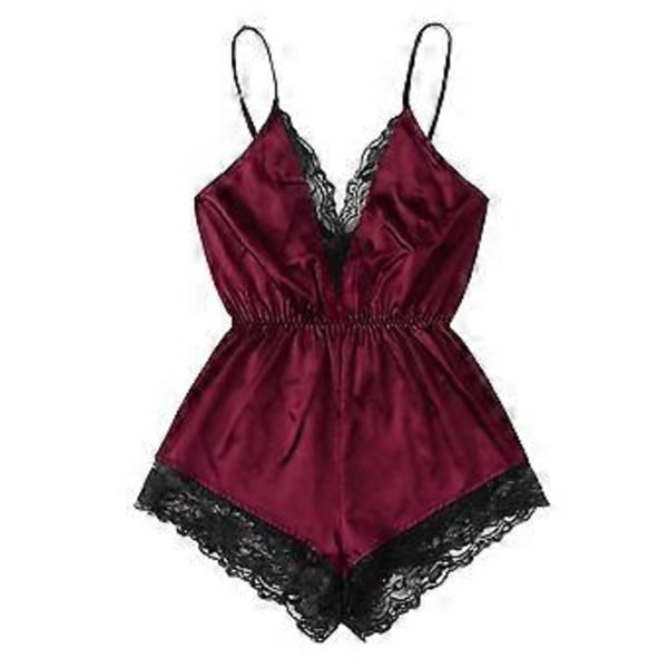 Kvinnlig sexig pyjamas V-ringad axelbandslös body i konstgjord satin med spetsdetaljer och breda ben, nattkläder (L vinröd)