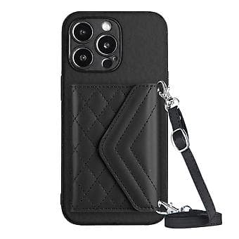 För iPhone 14 Plus Romdisk Textur Kortfack RFID Telefonfodral med Lång Snodd Black