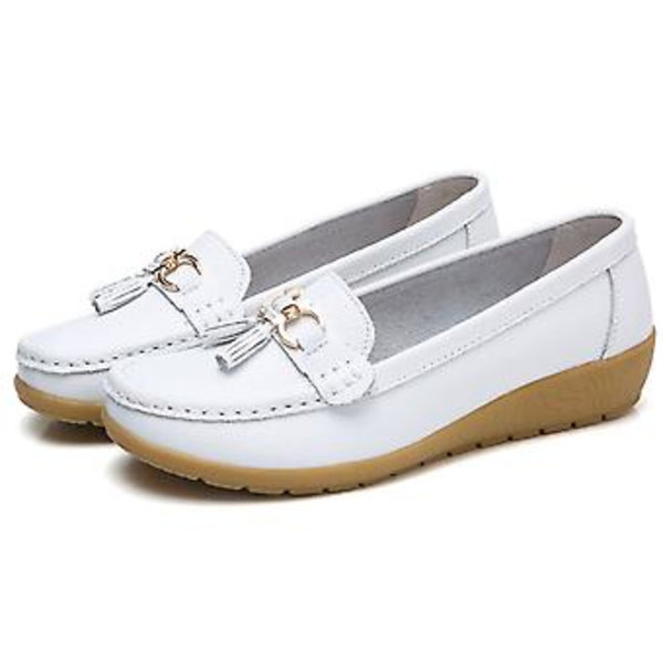 Damskor i äkta läder, mjuka och bekväma platta loafers, handgjorda, avslappnade skor (40 vita)