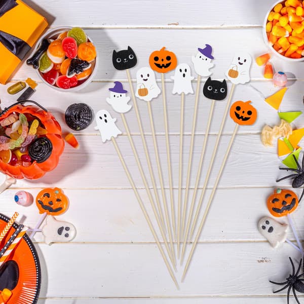 100 stk. Halloween-tema kagepynt – bambus dessertdekorationer med spøgelse-, græskar- og sort kat-design.