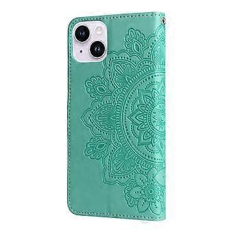 7-blad Blomsterpreget Lærveske til iPhone 15 Green