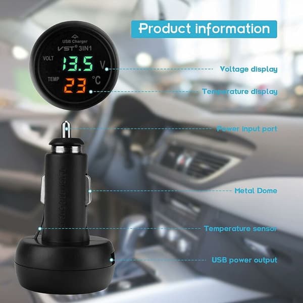 Bil voltmeter, 3 i 1 USB 5V 2A hurtiglading, digitalt bilvoltmeter