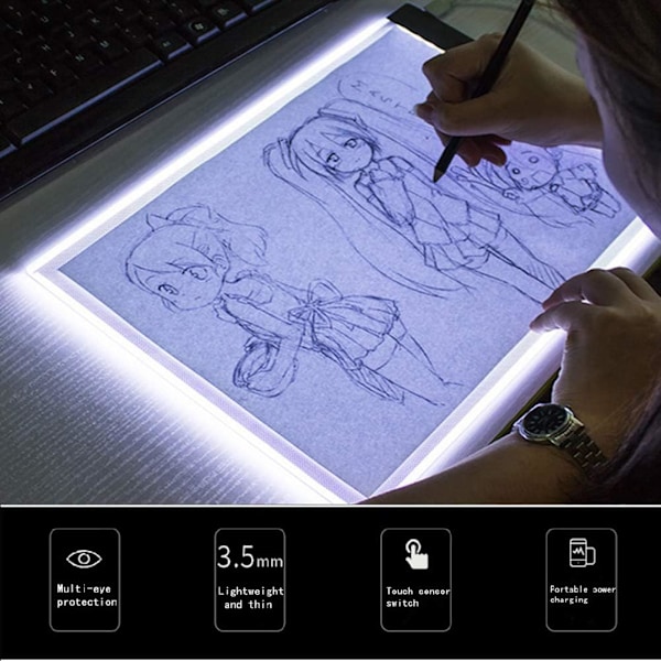 LED tegnebrett for skissering og kopiering, A5 lysbrett med tre dimmenivåer med USB, DIY diamant tegnebrett for anime A5