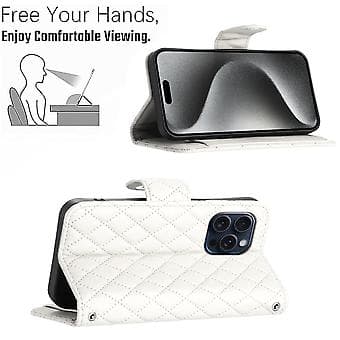 För iPhone 12 Pro Max Rombmönstrad Flip Läder Telefonfodral med Snodd White