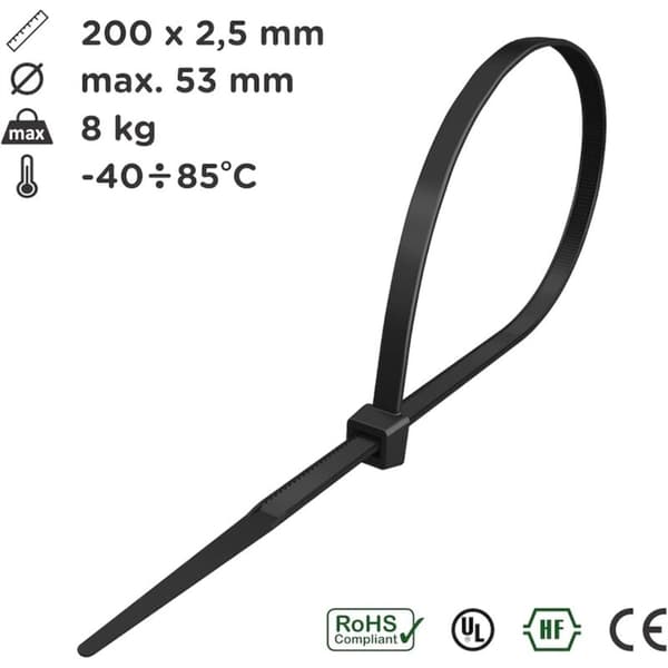 Kabelbinder 200 mm x 2,5 mm, Kabelbinder, Nylonkabelbindere, Kabelbindere