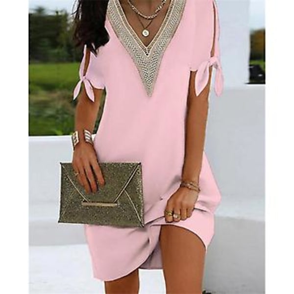 Sommar-Miniklänning med V-ringning för semester - UK Kvinnors Kortärmad Klänning Dam Plus Size -GSL 2XL rosa