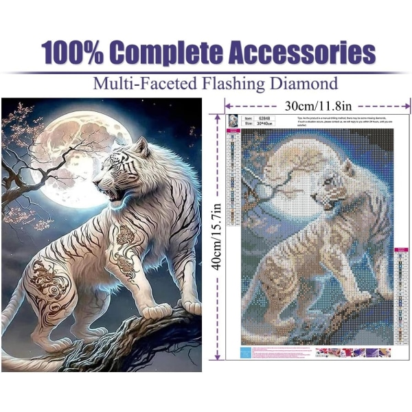 5D White Tiger Diamond Painting Kit för vuxna, Diamond Art Tiger