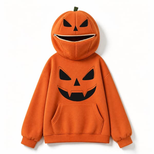 Dame Halloween Græskar-Ansigt Hættetrøje: Kreativt Hættedesign med Fuld Lynlås, Løs Pasform, Drop-Shoulder Langærmet Pullover M