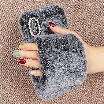til iPhone 11 Case Søde Piger Blød Kunstpels Glitter Diamant Pelsede Fluffy Handske Silikone Telefon Cover Case til iPhone 11 Case Grå