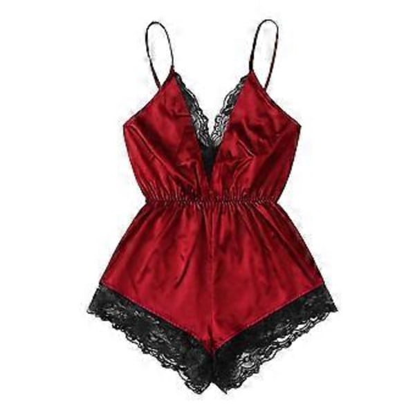 Kvinnlig sexig pyjamas V-ringad axelbandslös body i konstgjord satin med spetsbroderi, jumpsuit, nattkläder, breda ben, rygglös nattkläder (M röd)
