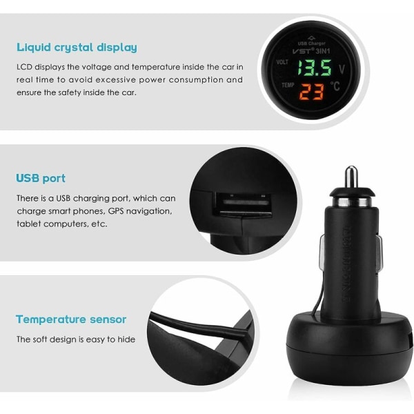 Bilvoltmeter, 3 i 1 USB 5V 2A Snabbladdning, Digital Bilvoltmeter