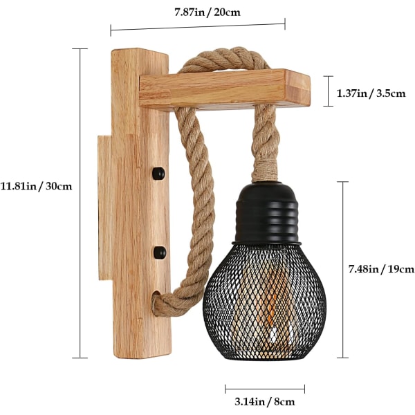 Vegglampe i tre med hampetau, industriell vintage vegglampe i tre