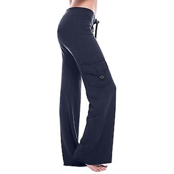 Yoga byxor med elastisk midja, knappfickor, dragsko, vida ben, svarta ga-byxor, vida ben, långa byxor, hög midja L Claret
