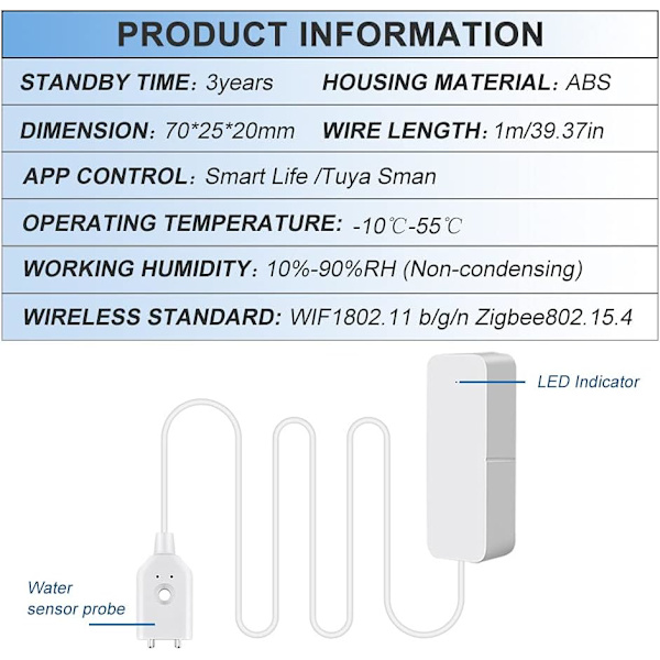Vattenlarmsensor, WiFi vattenläckagedetektor, översvämningsläcka