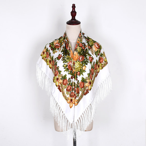 Retro blomstersjal hodeskjerf, muslimsk hodeskjerf med trykt dusk sjal, etnisk stil hodeskjerf, 90cm X90cm, svart Black