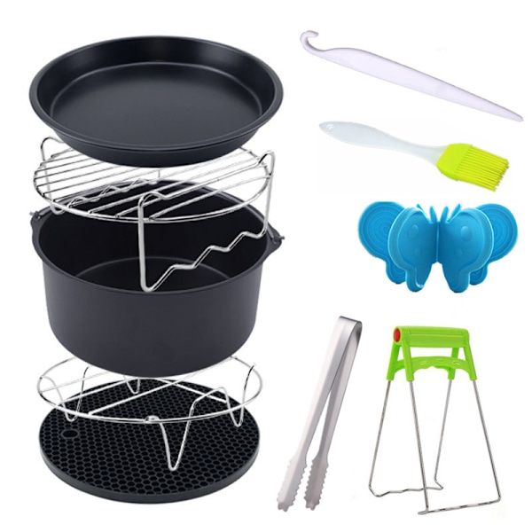 7-tommers airfryer-tilbehør, inkludert kakeform, bakebrett, grill, bakeisolasjonsmatte, børste sommerfuglklips, 10-delt sett