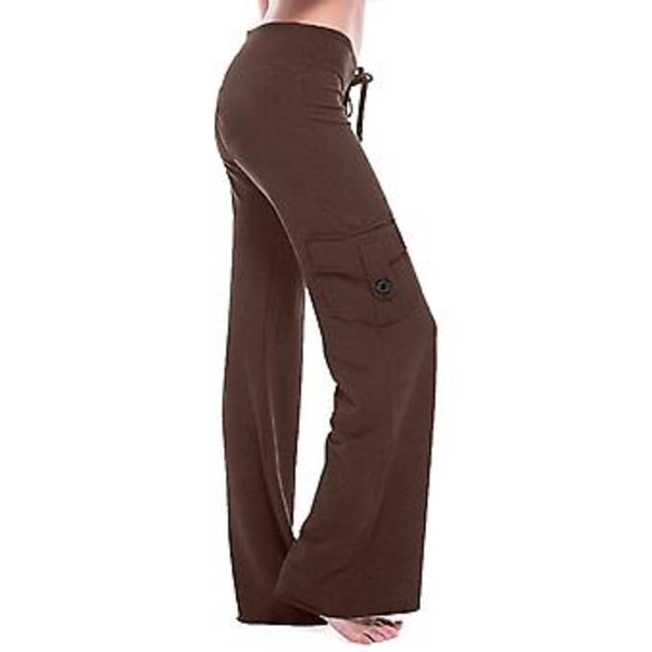 Yoga byxor med elastisk midja, knappfickor, dragsko, vida ben, svarta ga-byxor, vida ben, långa byxor, hög midja L Claret
