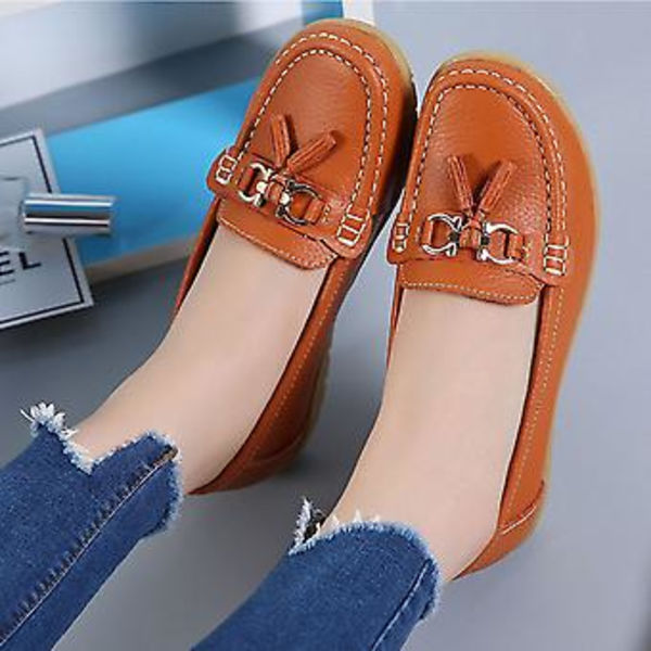 Damskor i äkta läder, mjuka och bekväma platta loafers, handgjorda, avslappnade skor (41 Orange)
