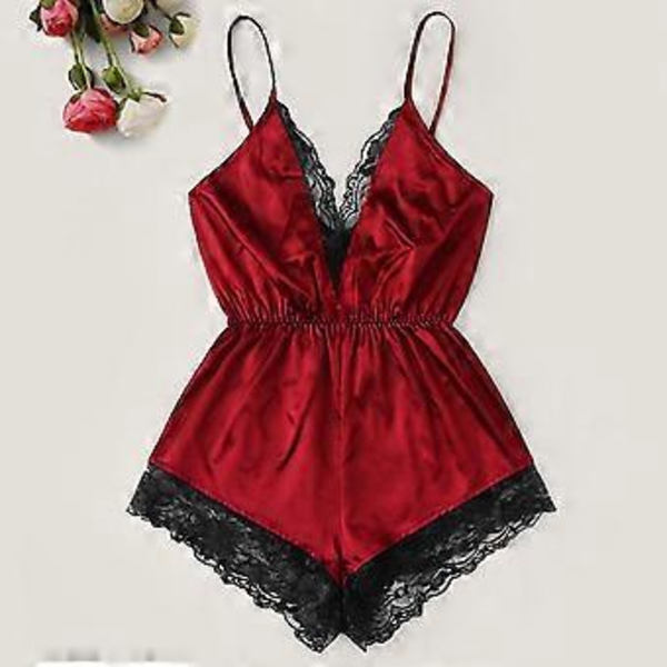 Kvinnlig sexig pyjamas V-ringad axelbandslös body i konstgjord satin med spetsbroderi, jumpsuit, nattkläder, breda ben, rygglös nattkläder (M röd)