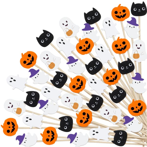 100 stk. Halloween-tema kagepynt – bambus dessertdekorationer med spøgelse-, græskar- og sort kat-design.