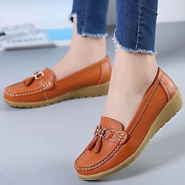 Damskor i äkta läder, mjuka och bekväma platta loafers, handgjorda, avslappnade skor (42 Orange)