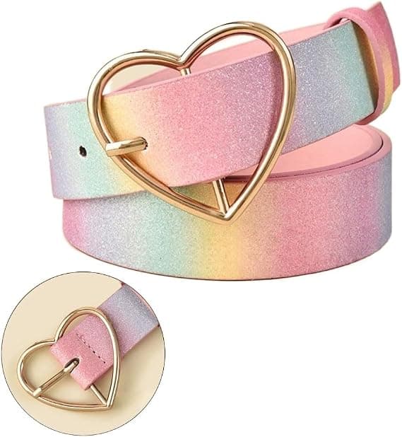 Regnbuebelte for kvinner, glitter hjerteformet justerbar spenne