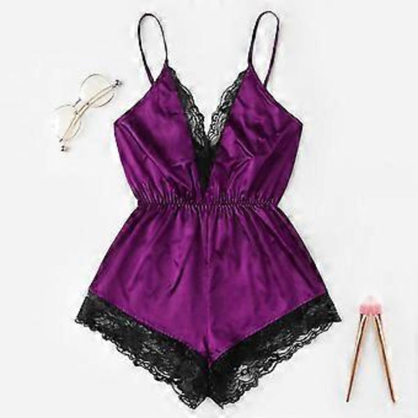 Sexig pyjamas för kvinnor, V-ringad, ärmlös body, faux satin spets sömnad, romper nattkläder, vida ben, rygglös nattkläder (2XL svart)