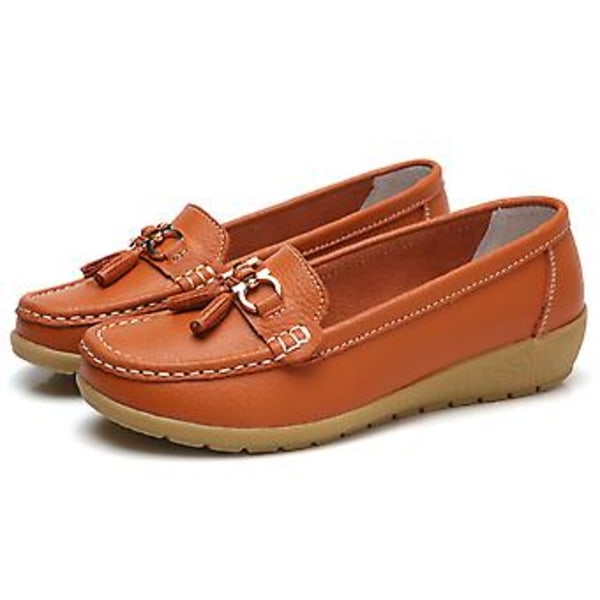 Damskor i äkta läder, mjuka och bekväma platta loafers, handgjorda, avslappnade skor (40 Orange)