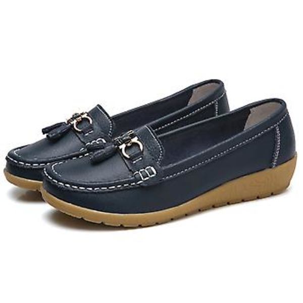 Damskor i äkta läder, mjuka och bekväma platta loafers, handgjorda, avslappnade skor (39 Mörkblå)
