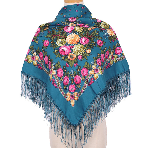 Retro blomstret sjal, muslimsk tørklæde med trykt kvast, etnisk tørklæde, 90cm X90cm, blå Blue
