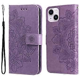7-bladede Blomster Præget Læderetui til iPhone 15 Light Purple