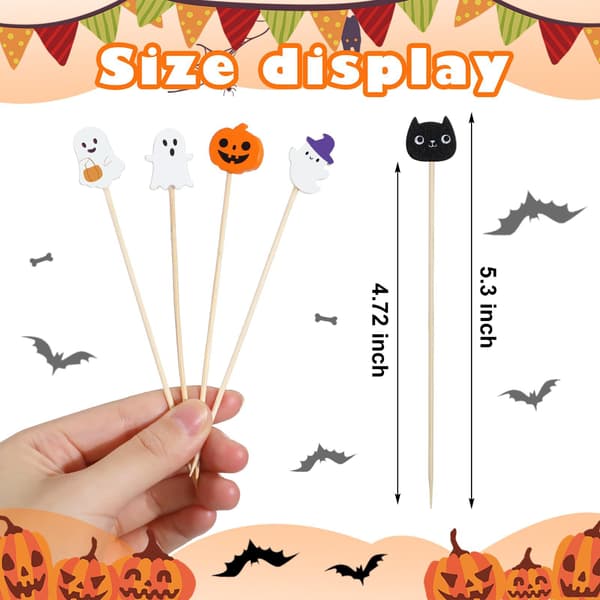 100 stk. Halloween-tema kagepynt – bambus dessertdekorationer med spøgelse-, græskar- og sort kat-design.