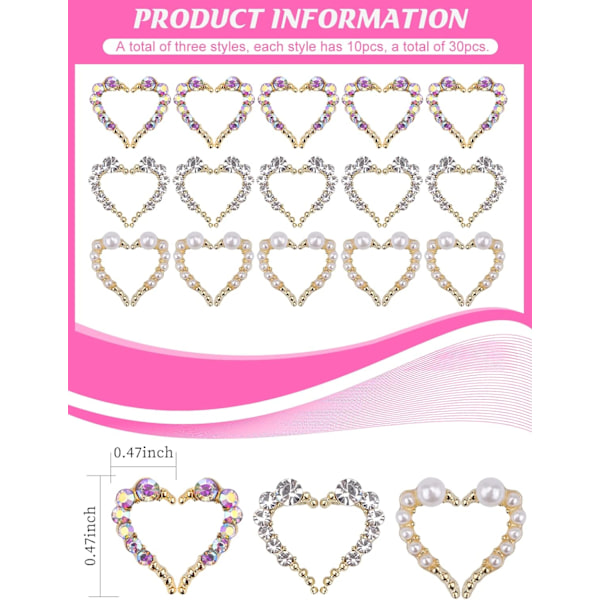 30 bitar Nail Art Strass, Nail Art Charms 3D Heart Nail Art