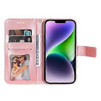 7-blad Blomsterpreget Lærveske til iPhone 15 Rose Gold