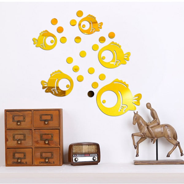 1 st (guld) 3D Fish and Bubbles Akryl väggdekal Spegel Sticke