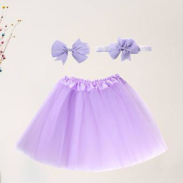 Tutu Klänning Kostym Outfit Kjolar Fest Kläder Set med Rosett Nål Hårsnodd för Flickor Bebisar (Lavendel)