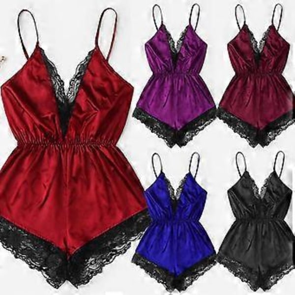 Kvinnlig sexig pyjamas V-ringad axelbandslös body i konstgjord satin med spetsdetaljer och breda ben, nattkläder (L vinröd)