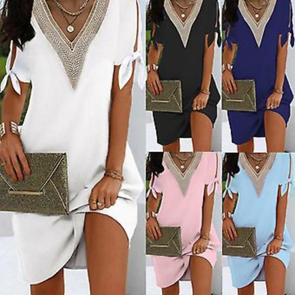 Sommar-Miniklänning med V-ringning för semester - UK Kvinnors Kortärmad Klänning Dam Plus Size -GSL 2XL rosa