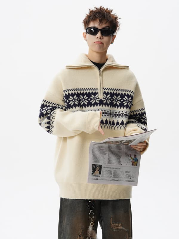 Jule Snefnug Jacquard Halv-Lynlås Turtleneck Sweater – Løs, Afslappet Strikket Pullover til Efterår/Vinter M