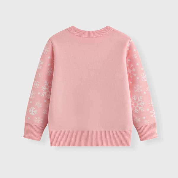 Pigernes lyserøde snemandstrøje med rund hals – Snefnug jacquardstrikket top til efterår/vinter 3Y